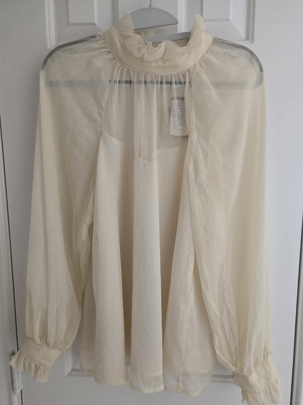 Blu Pepper Sheer High Neck Pleated Ruffle Blouse Cream Women's Size Medium NWT